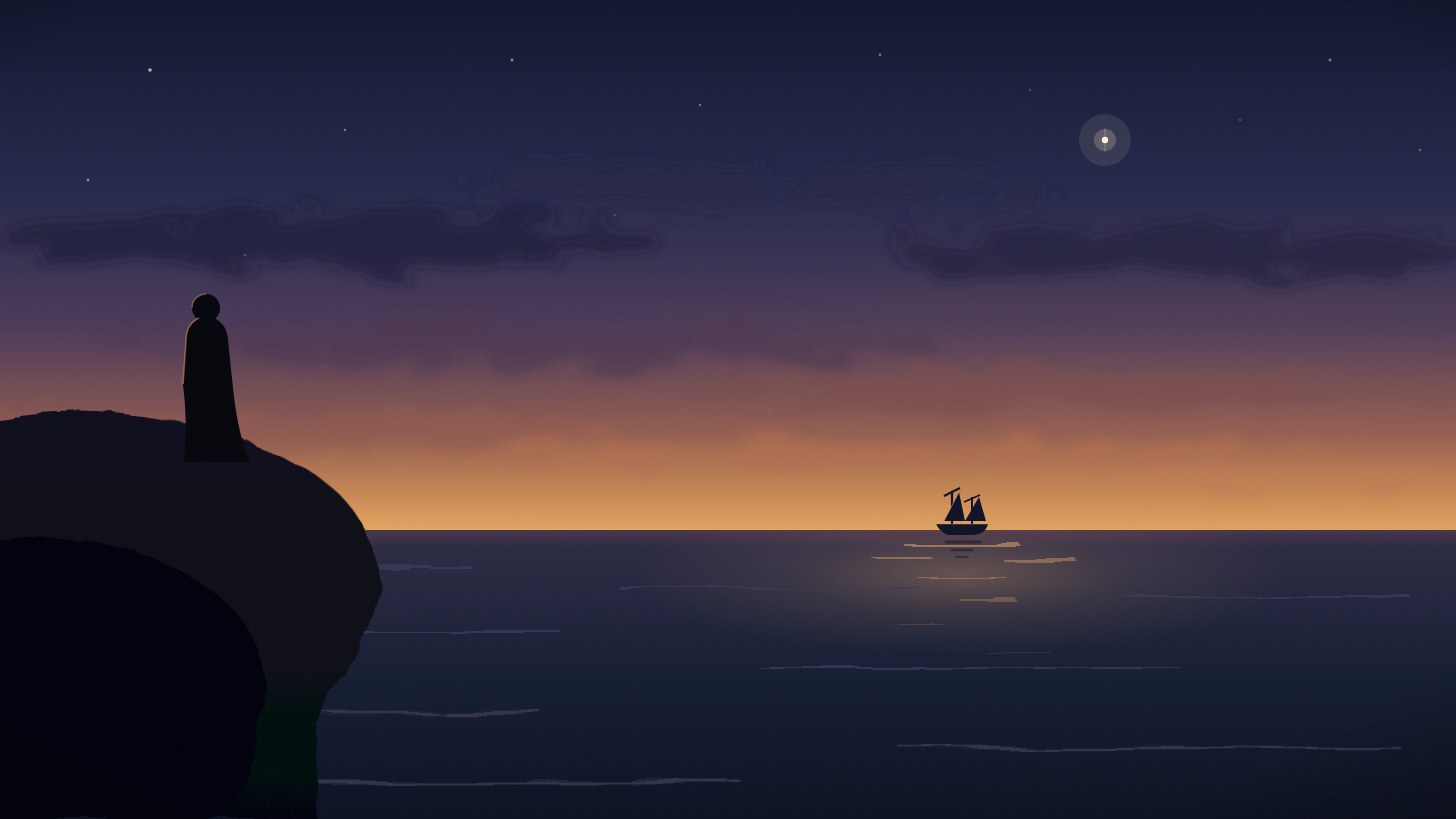 A cloaked figure stands alone on a dark cliff at dusk, seen from behind, watching a small caravel almost vanished against the sunset horizon. A single evening star hangs in the sky above the ship.