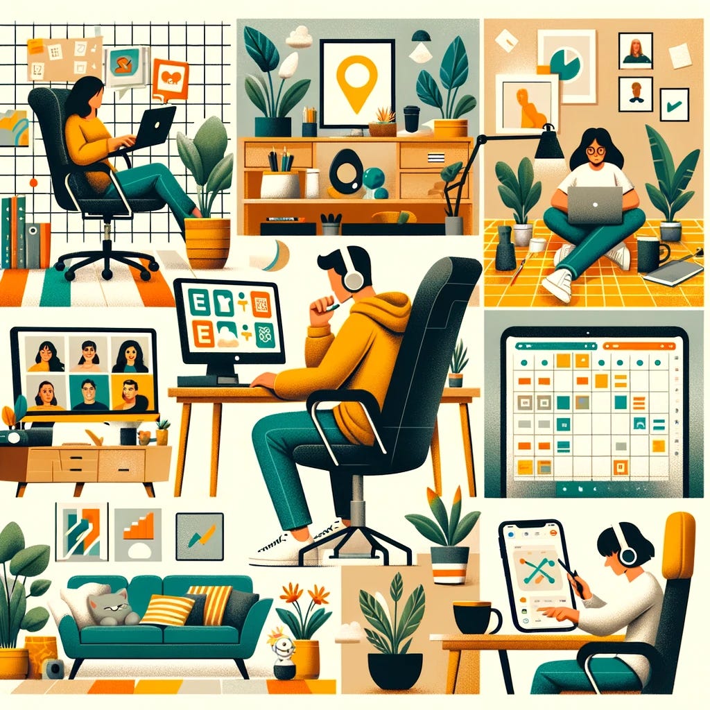 A collage representing remote work concepts. The first quadrant shows a home office setup with a laptop, ergonomic chair, and potted plant, symbolizing a comfortable remote workspace. The second quadrant features a virtual meeting, with diverse team members interacting on a video call using Zoom or Microsoft Teams, displaying screens with smiling faces. The third quadrant illustrates project management tools like Trello or Asana, with a digital board filled with tasks and progress bars. The final quadrant shows a person relaxing in a cozy corner, wearing headphones and using a meditation app on their smartphone, representing employee well-being and work-life balance. The overall mood is productive, collaborative, and serene.