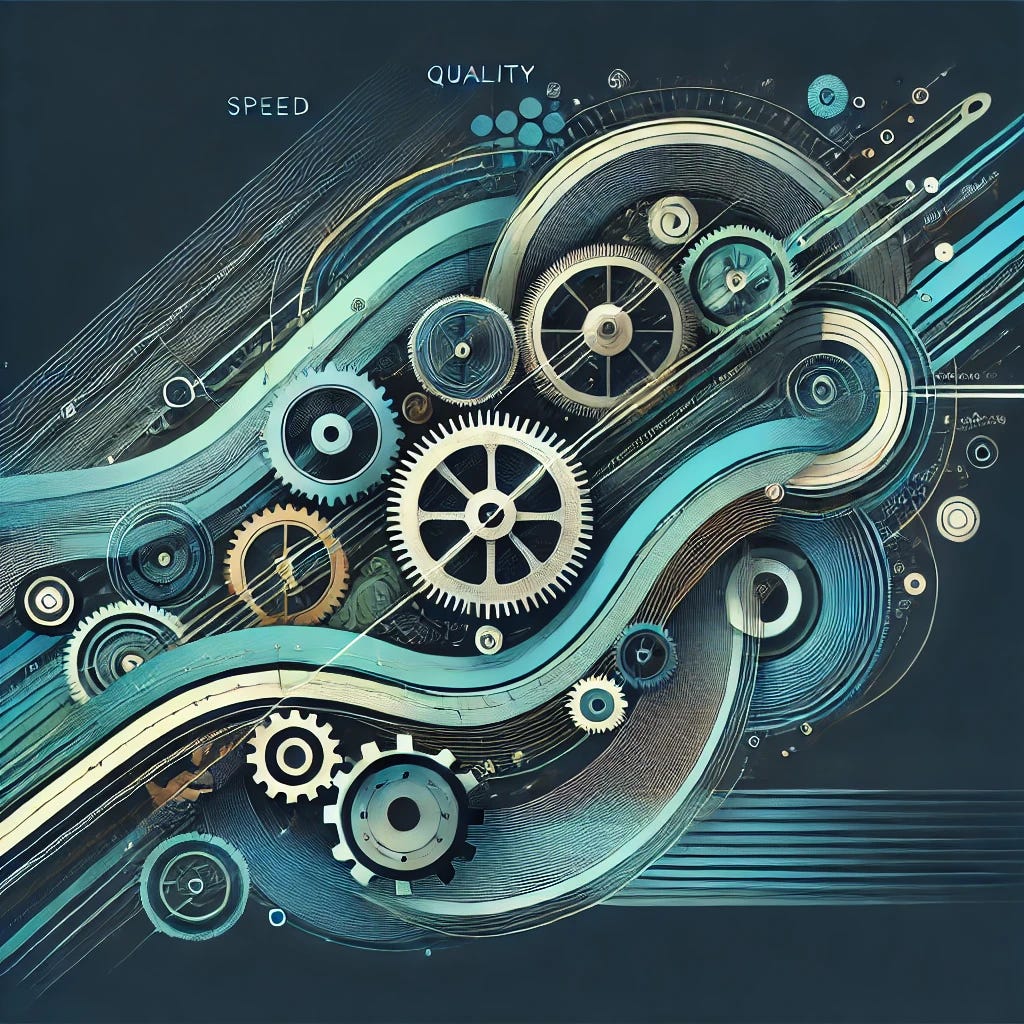 An abstract illustration of speed and quality working hand in hand: intertwined gears for precision and sleek flowing lines for speed, in tech-inspired blues and greens.