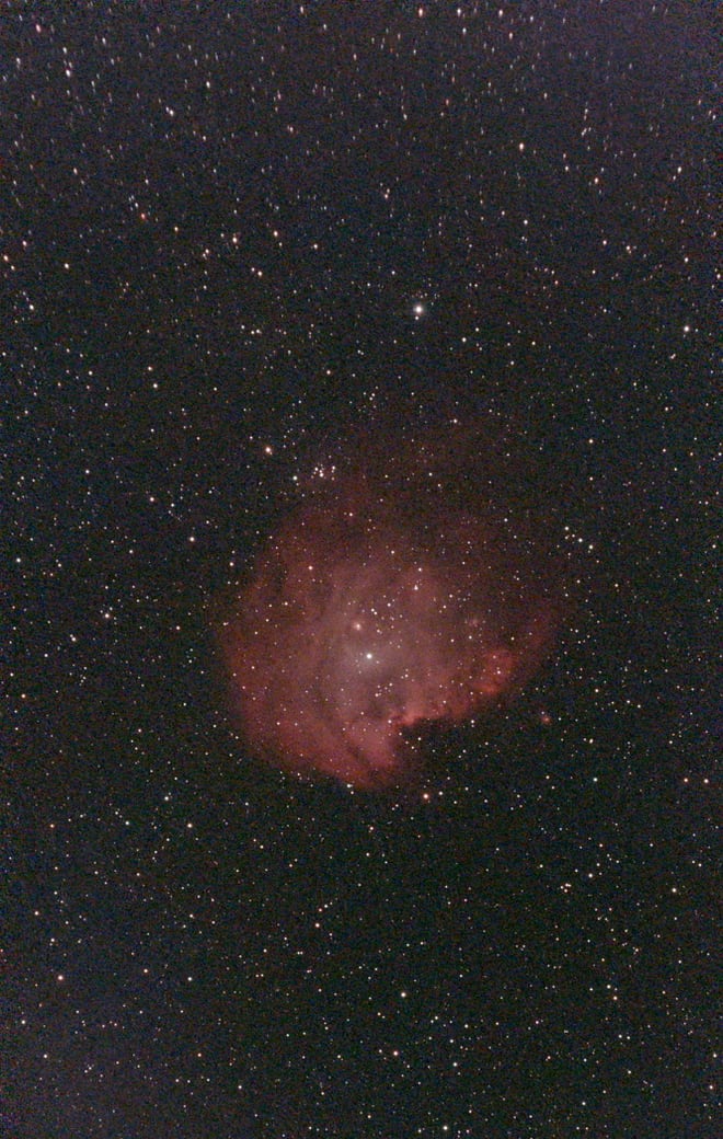 The Monkey Head Nebula: a round, mottled red cloud of glowing hydrogen with a cluster of young stars inside it.