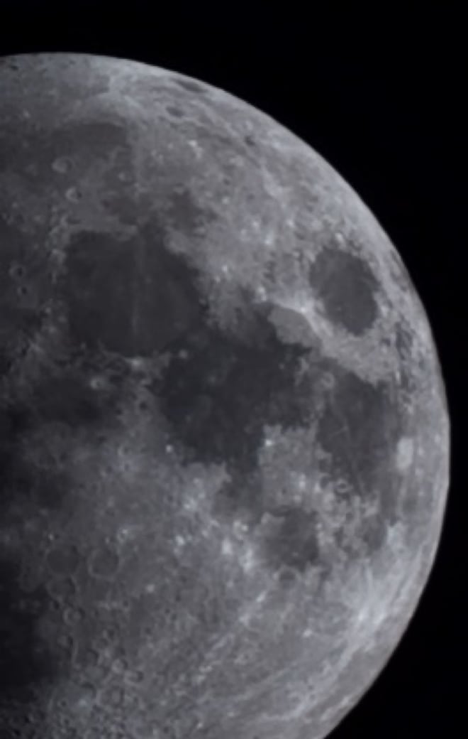 A close view of the waxing gibbous Moon, its grey maria and bright cratered highlands sharp against black sky, the terminator on the left.